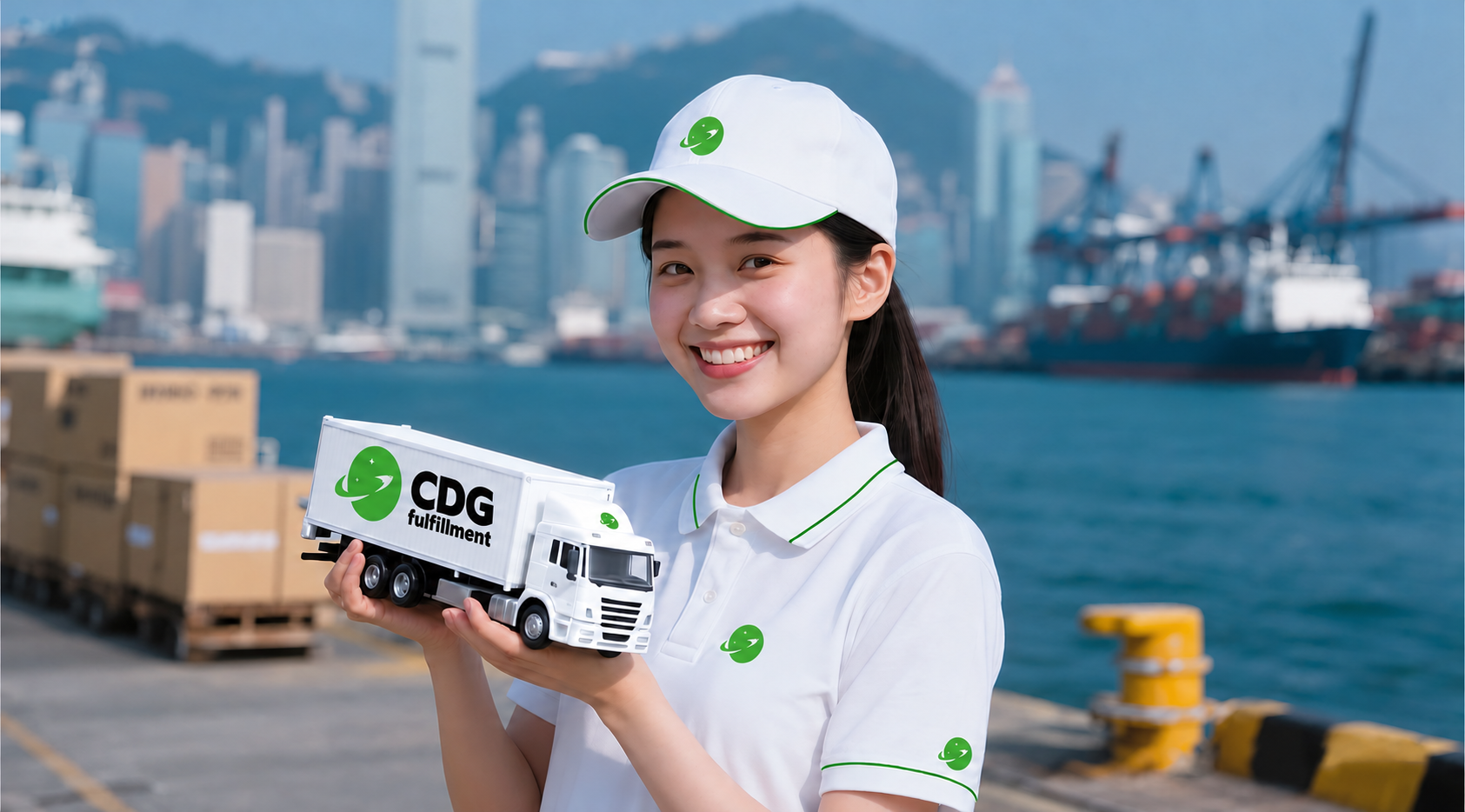 CDG 履约团队成员在货运港口手持配送卡车模型
