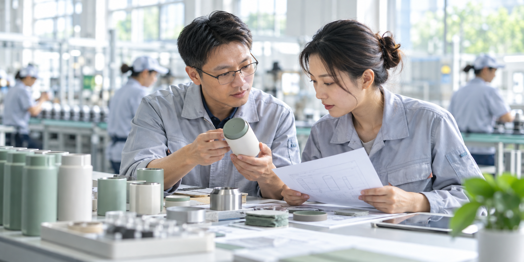 产品与质量专员在生产工作台前检查样品